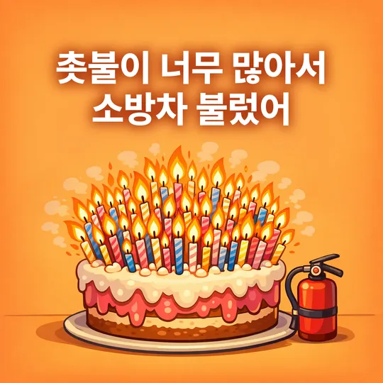 촛불이 잔뜩 꽂힌 케이크와 소화기 그림에 "촛불이 너무 많아서 소방차 불렀어" 문구