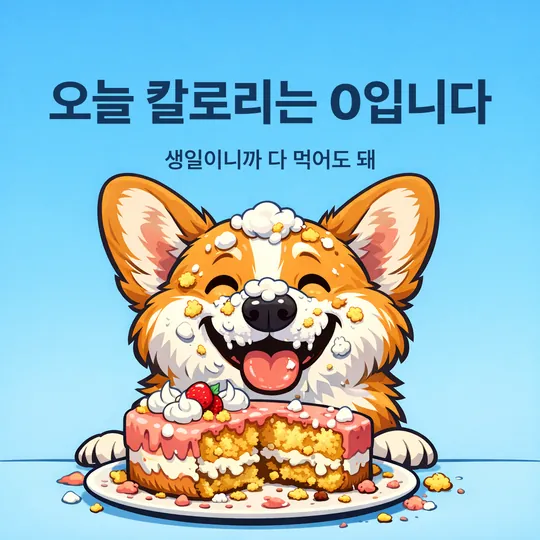 얼굴에 크림이 묻은 웰시코기 그림에 "오늘 칼로리는 0입니다, 생일이니까 다 먹어도 돼" 문구