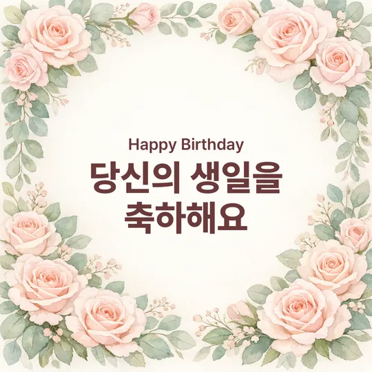 분홍 장미 테두리 안에 "Happy Birthday, 당신의 생일을 축하해요" 문구