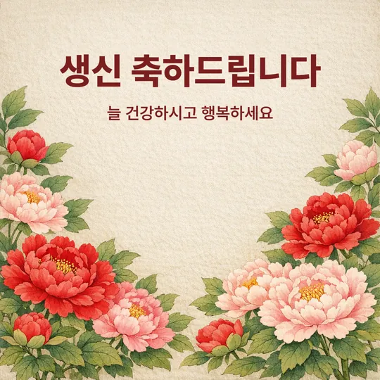 민화풍 모란꽃 그림에 "생신 축하드립니다, 늘 건강하시고 행복하세요" 문구